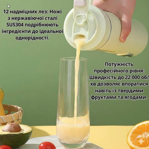 Портативный блендер-шейкер HS-889 на 530 мл, 12 лезвий, Зарядка USB Type-С Зеленый | Зображення 4