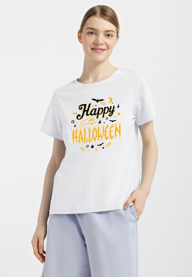 Футболка жіноча біла з принтом "Щасливого Геловіну", XL