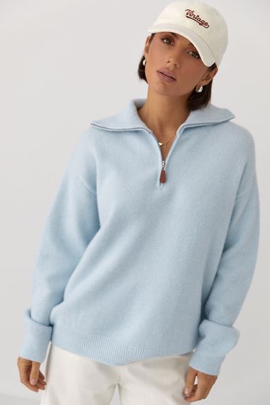 В'язаний однотонний светр із блискавкою - блакитний цвет, ONE SIZE (є розміри) | Зображення 4