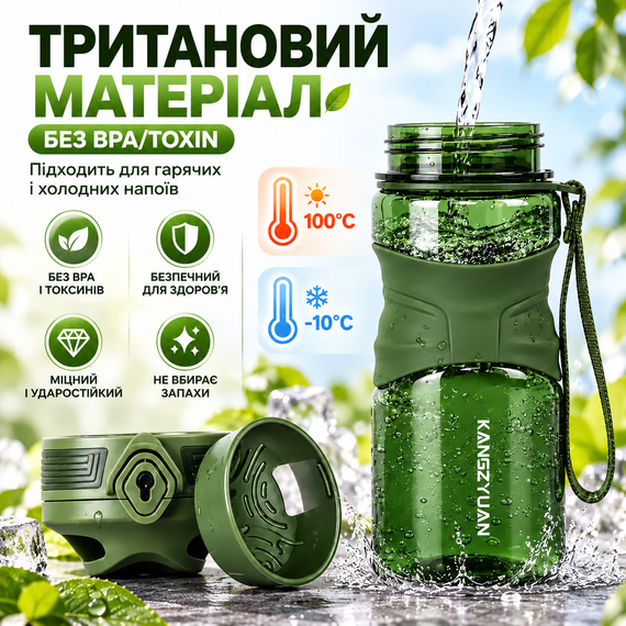 Бутылка для воды KANGZYUAN 450 мл спортивная зеленая из тритана Tritan BPA Free ударопрочная с эргономичной крышкой | Зображення 7