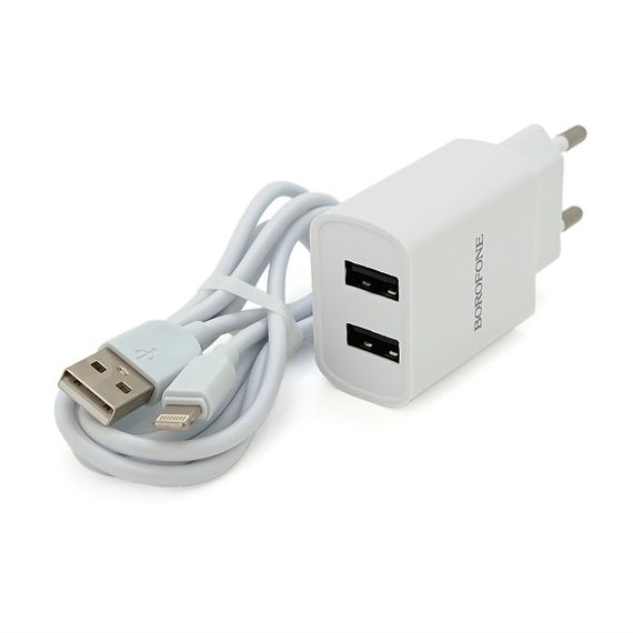 Набір BOROFONE BA53A СЗУ 2xUSB+ кабель Lighting, 2.1A, 1м, White, Blister
