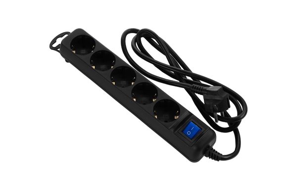 Мережевий подовжувач 2E  5XSchuko з вимикачем, 3G*1.5мм, 1.5м, black (2E-U05ES15M1.5BK)