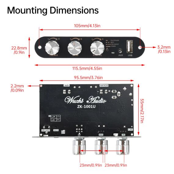 Модуль усилителя ZK-1001U 100W Mono Bluetooth 5.3 TPA3116D2 AUX USB MP3 | Зображення 5
