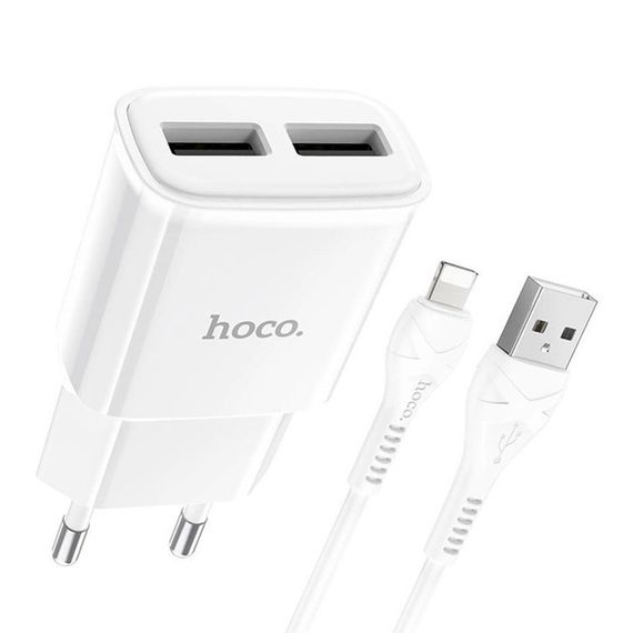Набір СЗУ 110-240V HOCO C88A + кабель Lighting, 2xUSB, 2.4A, кабель 1м, White | Зображення 2