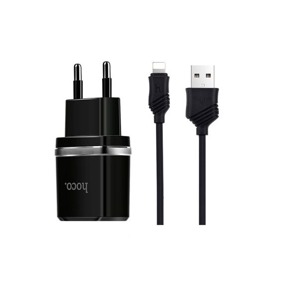 Набір СЗУ HOCO C12 Smart+кабель Lighting, 2xUSB, 2.4A, кабель 1м, Black, Blister