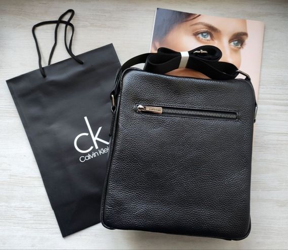 Стильний шкіряний набір Calvin Klein black, сумка месенджер гаманець та ремінь | Зображення 7