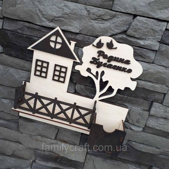 Именная настенная ключница с полочкой и органайзером Family Craft венге, деревянная вешалка для ключей на 4 крючка | Зображення 1