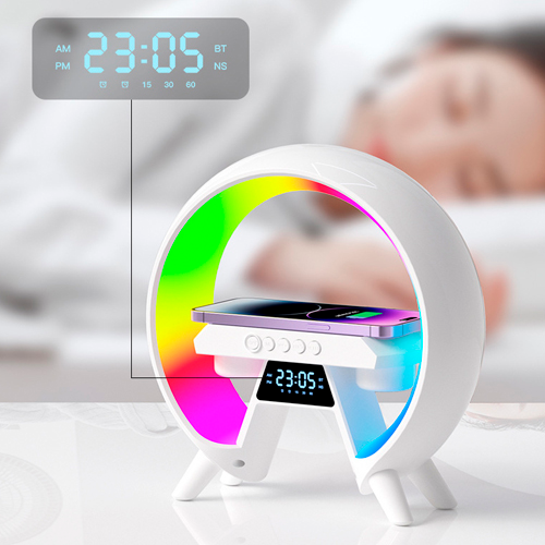 Аккумуляторный светильник XM-X63, RGB ночник, часы, беспроводная зарядка, Bluetooth колонка | Зображення 7