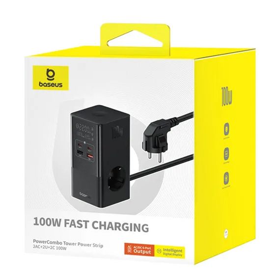 МЗП Baseus PowerCombo Tower PowerStrip 100W (2USB-A/2C/2Socket) (1.5m) (E00023609113-00) Cluster Black | Зображення 4