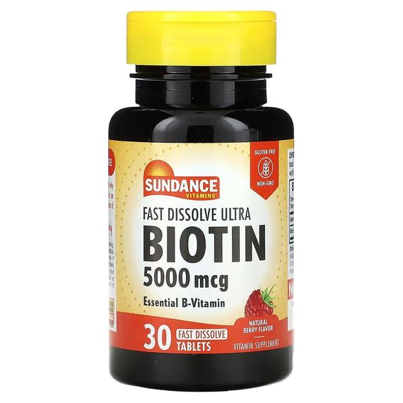 Биотин Sundance Vitamins Fast Dissolve Ultra Biotin, Natural Berry, 5,000 mcg, 30 Fast Dissolve Tablets