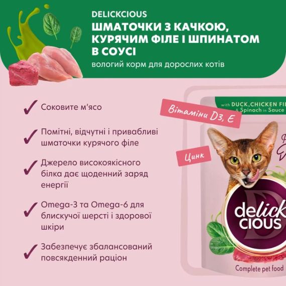Полнорационный консервированный корм для кошек Delickcious кусочки с уткой, куриным филе и шпинатом в соусе, 85 г | Зображення 1
