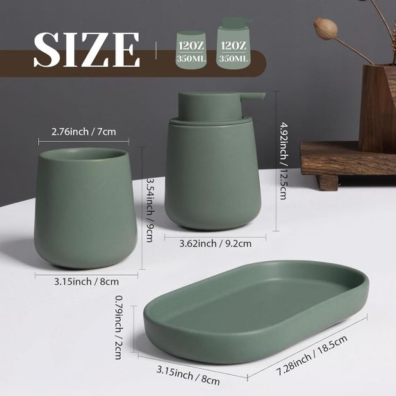 Набір аксесуарів для ванної 3 шт дозатор для мила 350 мл, стакан для щіток 320 мл, підставка для прикрас, зелений, кераміка | Зображення 1