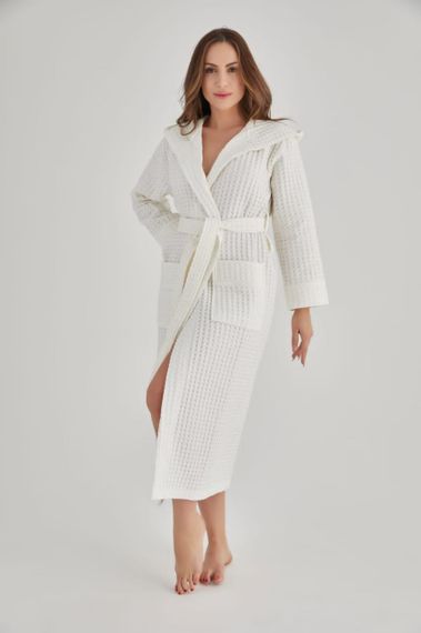 Женский вафельный халат Nusa 4160 c капюшоном, кремовый S