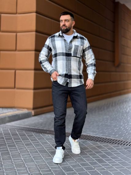 Теплая мужская байковая рубашка в клетку на пуговицах размер XL цвет серый Vi1048 | Зображення 4