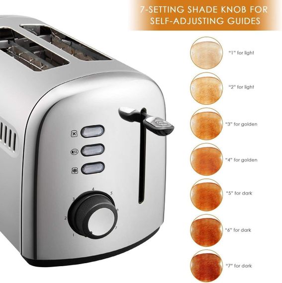 Тостер Aicok на 2 ломтика, из нержавеющей стали с выдвижным поддоном для крошек, 7 настроек 850 Вт серебристый | Зображення 5