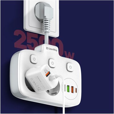 Сетевой фильтр питания ColorWay CW-CHE24PDW 2 розетки/4USB (CW-CHE24PDW) | Зображення 4