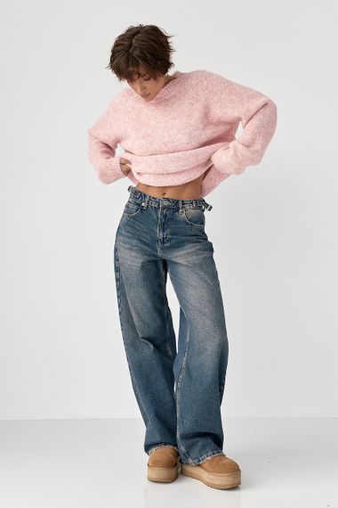 Широкі прямі джинси з затяжками на поясі - синій цвет, 34р (є розміри) | Зображення 2