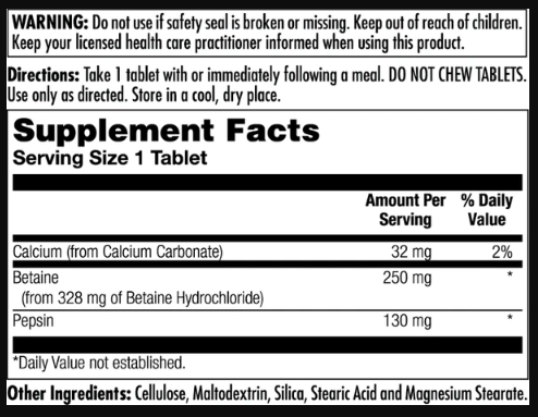 Betaine HCl Plus 250mg - 100 tabs | Зображення 1