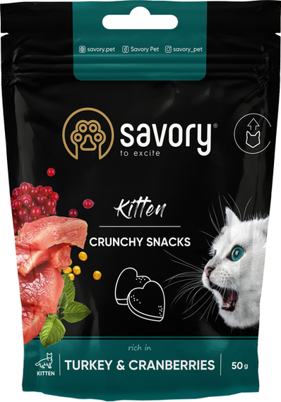 Хрустящие лакомства Savory для здорового роста котят, индейка с клюквой 50г