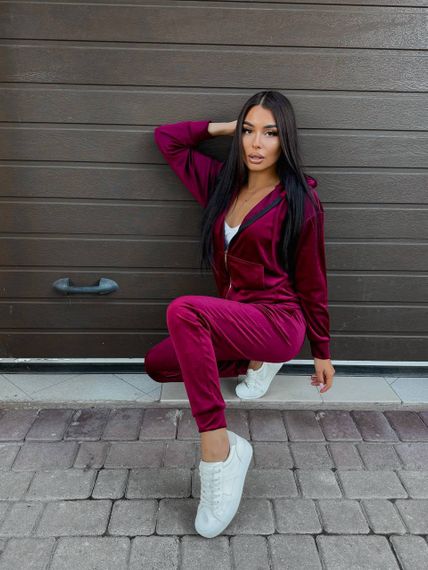 Женский велюровый спортивный костюм с кофтой на молнии размер L цвет марсала Vi114 | Зображення 3