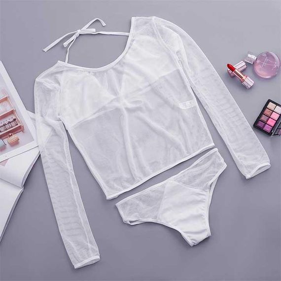 Сексуальний комплект у сітку (топ, ліф, труси) XS/S білий — Еротична білизна | Зображення 2