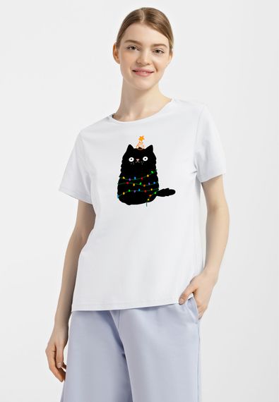 Футболка жіноча біла з принтом "Чорний кіт", XL
