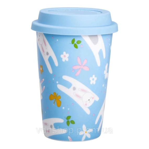 Порцелянаовий стакан із силіконовою кришкою та отвором для трубочки 420 мл Блакитний RX-N240546BL