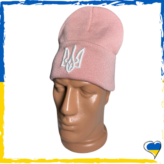Шапка светло-розовая трезубец герб на флисе универсальная патриотическая Шапка женская, подростковая детская