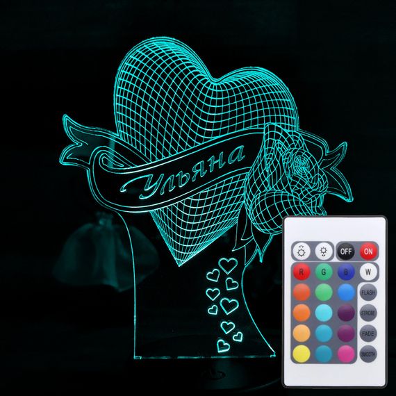Акриловий світильник-нічник з пультом 16 кольорів Серце з ім'ям tty-n001449