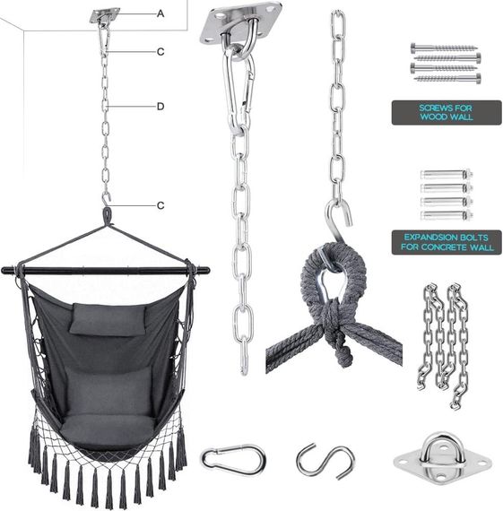 Подвесное кресло качеля с 2 подушками до 150 кг для помещения улицы, комнаты, террасы, сада, серый поли-хлопок | Зображення 6