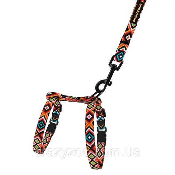 Шлея з повідцем для котів і собак дрібних порід BronzeDog Urban гуцульський жовтогарячий 2XS 57/1375Б/T