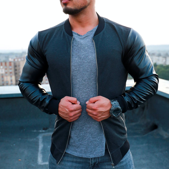 Бомбер Кож рукав антрацит S XL