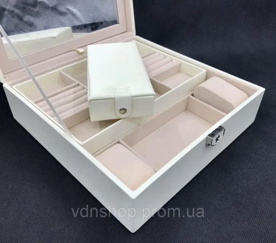 Шкатулка для украшений стеганая с большим откидывающимся зеркалом маленькая шкатулка внутри цвет слоновая кост | Зображення 4