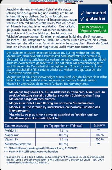 Doppelherz Melatonin + Magnesium 400 + B6 + екстракт меліси – для сну, нервової системи та м’язів, 30 шт., Німеччина | Зображення 1