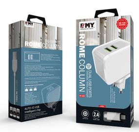 Набір 2 в 1 СЗУ With Iphone Cable 110-240V MY-A203, 2 x USB, 5V / 12W, Output: 5V / 2.4A, White, Blister- box