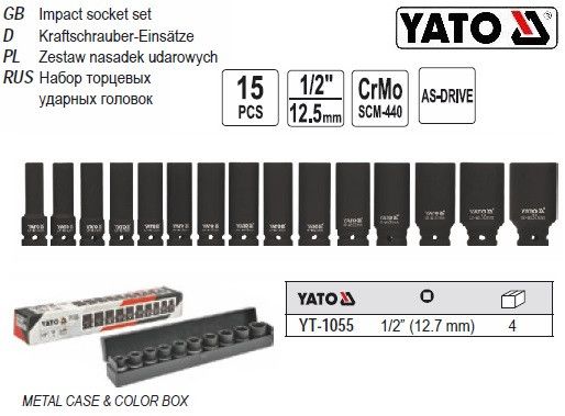 Набор головки торцевые YATO Польша ударные глубокие 1/2" М10-32 l=78 мм 15 штук YT-1055