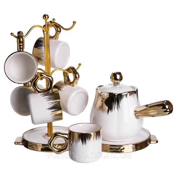 Кофейный сервиз на подставке с кофейником 450 (мл) 6 чашек по 90 (мл) подарочный набор чашек на подставке Белый с золотом FM-JJ-3 | Зображення 3