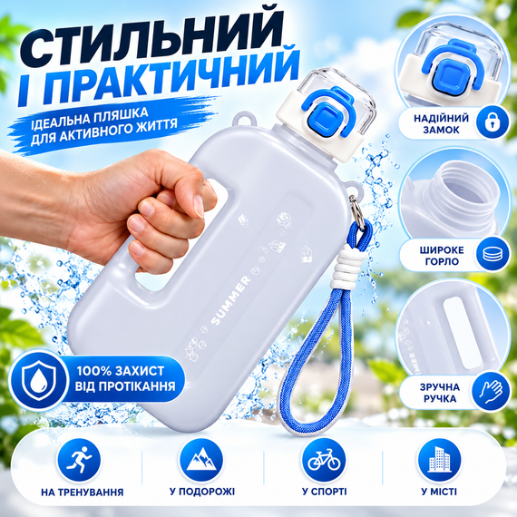 Спортивная бутылка для воды SUMMER 750 мл с ремешком - многоразовая из эко-пластика BPA-free, герметичная крышка, белый градиент | Зображення 4
