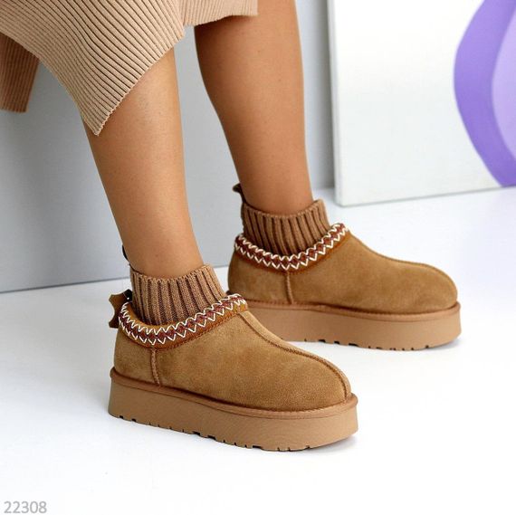 Низкие угги с текстильным манжетом натуральная замша цвет Карамель | Зображення 4