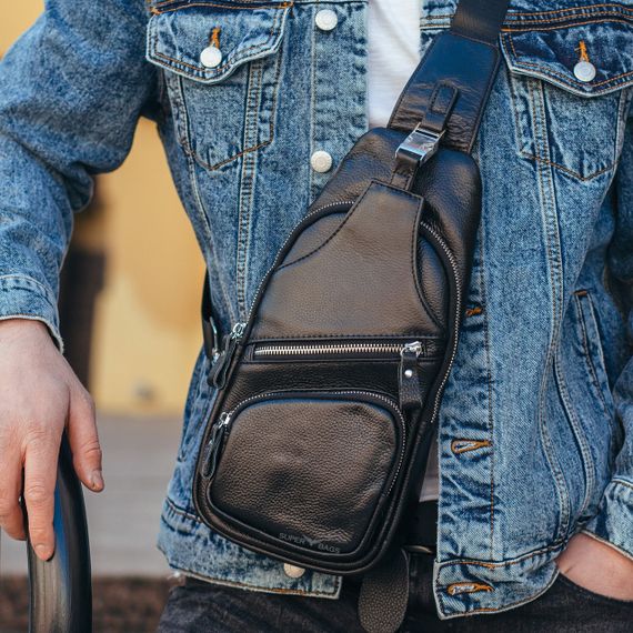 Чоловіча сумка-слінг шкіряна чорна TIDING BAG — MK12094 | Зображення 1