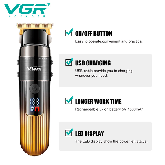 Триммер аккумуляторный VGR V-929, 3 насадки, LED дисплей, Золото | Зображення 2