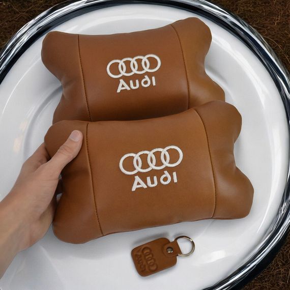 Набор из двух подушек на подголовник Audi, из натуральной коричневой кожи, Подарок мужчине водителю | Зображення 4