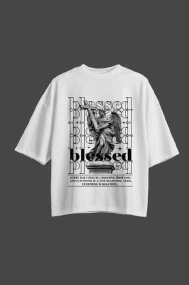 Oversize футболка з принтом  Blessed біла | Зображення 1