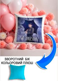 Подушка плюшева Мерч Крафт Дизайн з принтом Уенсдей Wednesday блакитний плюш квадратна 33х33 см