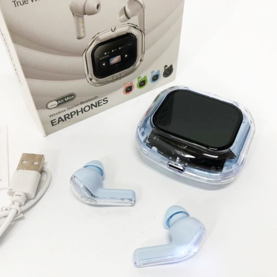 Бездротові вакуумні навушники TWS з дисплеєм LED, вологозахист IPx4 Bluetooth 5.4 з кейсом. Колір: блакитний