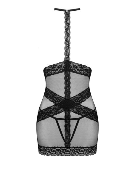 Полупрозрачная сорочка с открытой грудью Obsessive Lacrisia chemise XL/2XL, черная, с чокером | Зображення 4