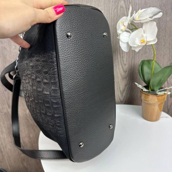 Сумка жіноча велика через плече чорна містка під рептилію | Зображення 7