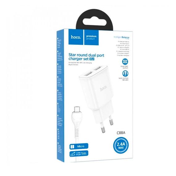 Набір СЗУ 110-240V HOCO C88A + кабель Micro, 2xUSB, 2.4A, кабель 1м, White | Зображення 3