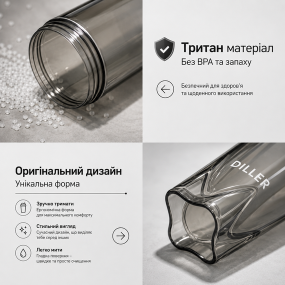 Тритановый шейкер Diller Bottle 700 мл с металлическим шариком (BPA Free) серый | Зображення 1
