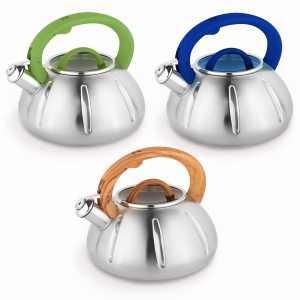 Чайник 3л із нержавіючої сталі зі свистком і скляною кришкою (ручки: зелена, синя, дерево) KAMILLE 0